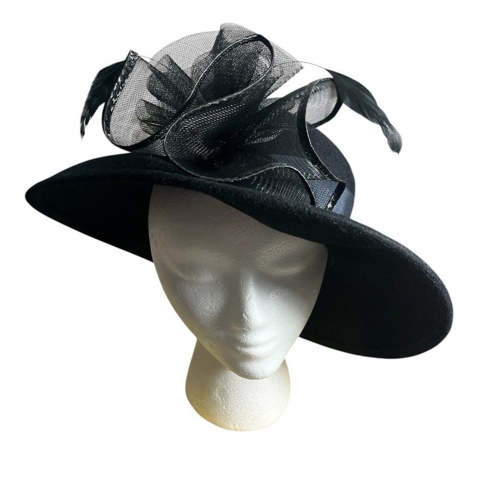 Kentucky Derby Millinery Hat Black Church Feathers Embellished Wide Kathy Jeanne